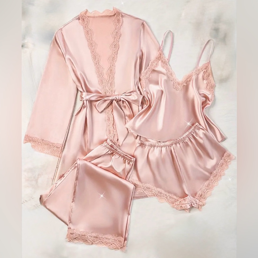 5-Peice Pink Lace Trim Sleepwear Set